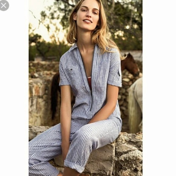 Anthropologie Pants - Anthropologie Cartonnier Linen Jumpsuit Blue White Stripe Short Sleeve Medium